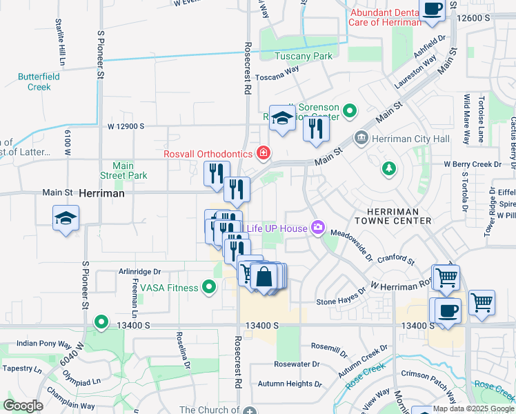 map of restaurants, bars, coffee shops, grocery stores, and more near 13144 South Woods Park Drive in Herriman