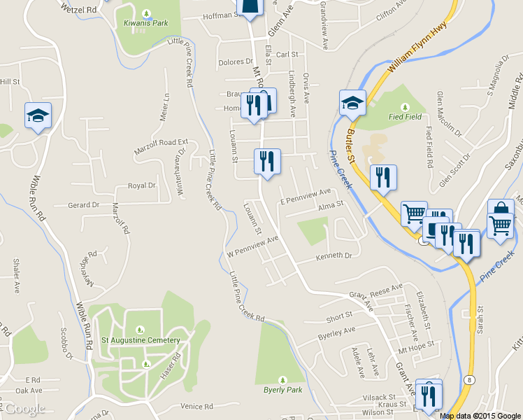 map of restaurants, bars, coffee shops, grocery stores, and more near 627 Mount Royal Boulevard in Pittsburgh