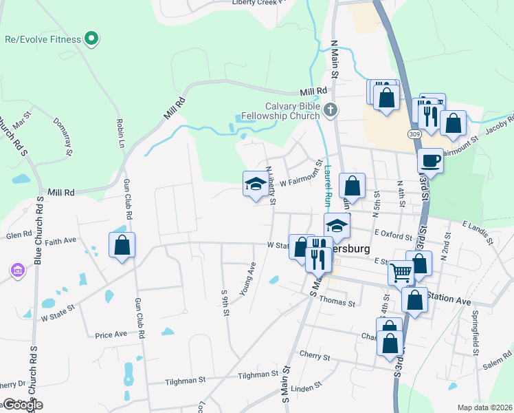 map of restaurants, bars, coffee shops, grocery stores, and more near 960 West Oxford Street in Coopersburg