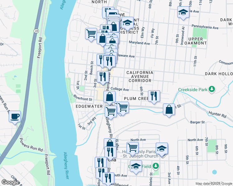 map of restaurants, bars, coffee shops, grocery stores, and more near 142 View Street in Oakmont