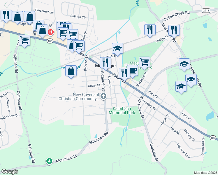 map of restaurants, bars, coffee shops, grocery stores, and more near 69 South Church Street in Macungie