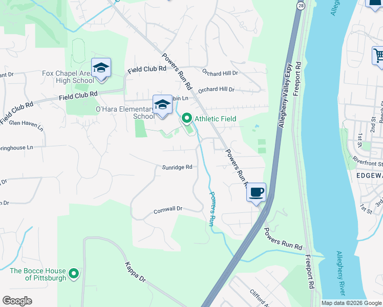 map of restaurants, bars, coffee shops, grocery stores, and more near 203 Falconhurst Drive in Pittsburgh