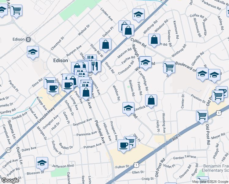 map of restaurants, bars, coffee shops, grocery stores, and more near 41 Weldon Road in Edison
