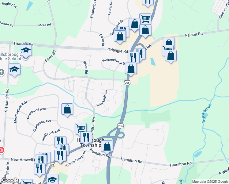 map of restaurants, bars, coffee shops, grocery stores, and more near 603 East Brookside Lane in Somerset County