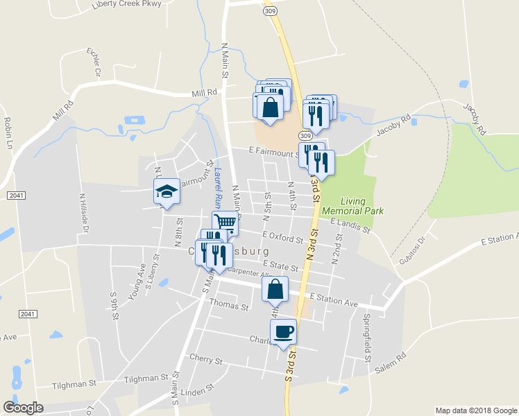 map of restaurants, bars, coffee shops, grocery stores, and more near 511 East Landis Street in Coopersburg