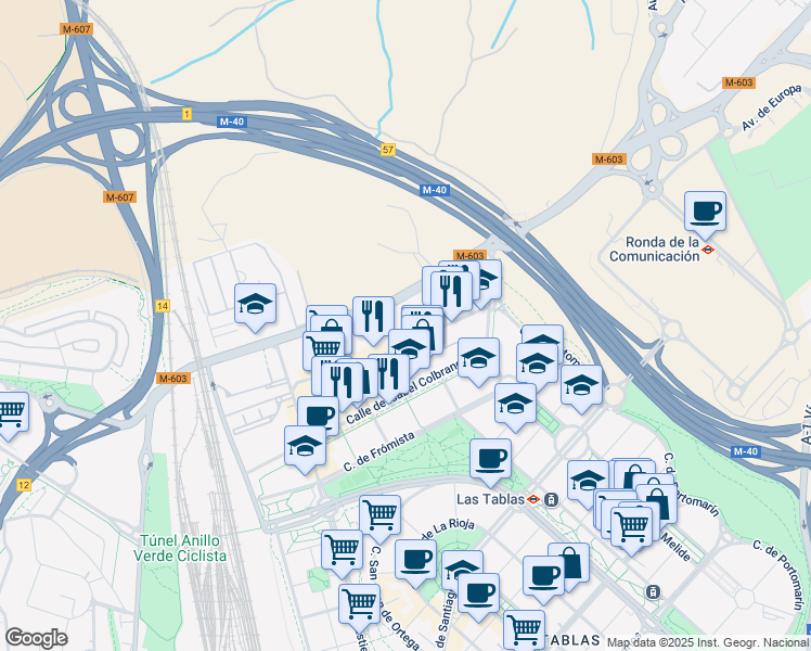 map of restaurants, bars, coffee shops, grocery stores, and more near 10 Calle de María Tubau in Madrid