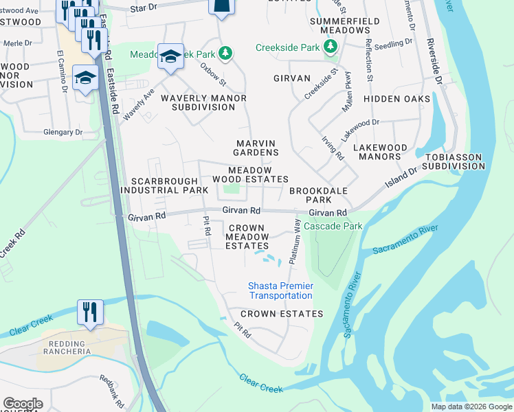 map of restaurants, bars, coffee shops, grocery stores, and more near 7093 Hemlock Street in Redding