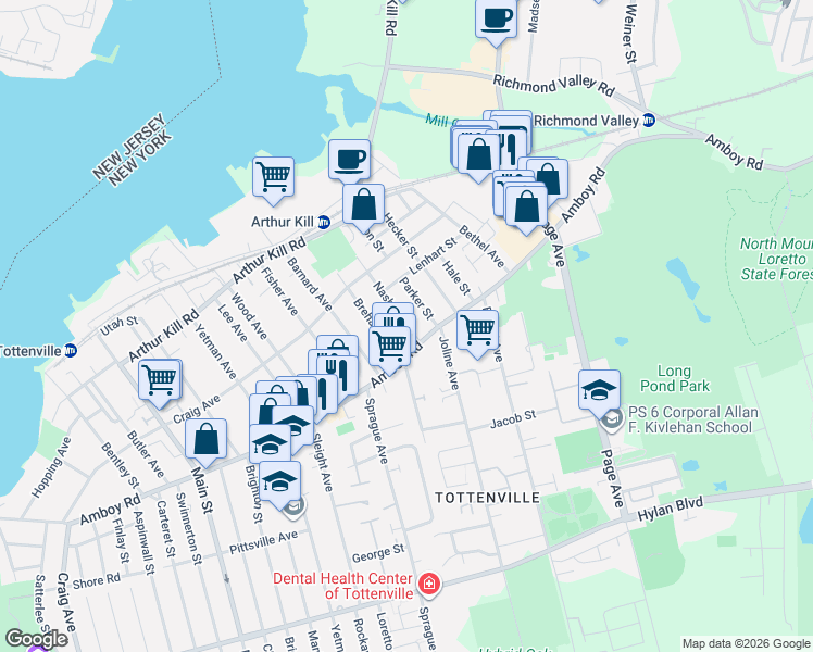 map of restaurants, bars, coffee shops, grocery stores, and more near 7167 Amboy Road in Staten Island
