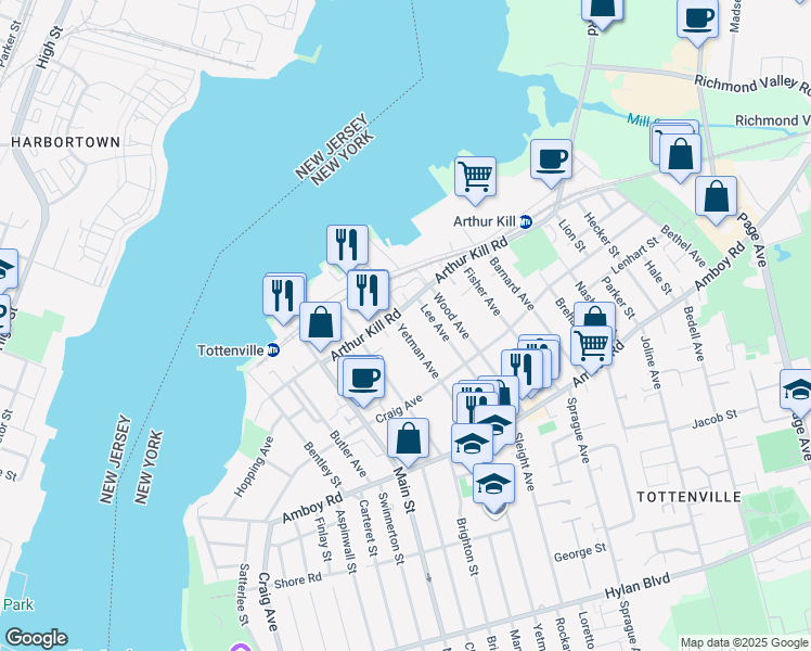 map of restaurants, bars, coffee shops, grocery stores, and more near 110 Yetman Avenue in Staten Island