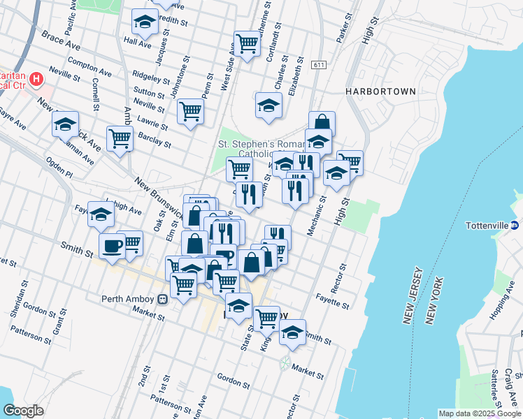 map of restaurants, bars, coffee shops, grocery stores, and more near 424 Division Street in Perth Amboy
