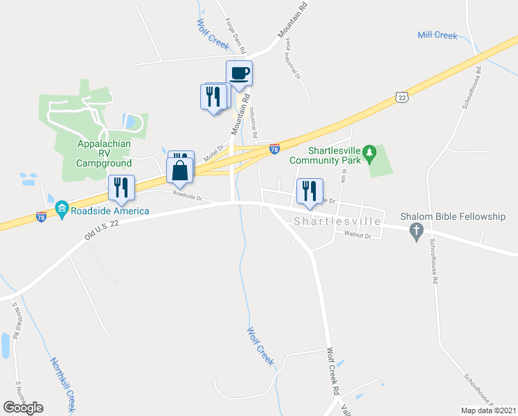 map of restaurants, bars, coffee shops, grocery stores, and more near 5718 Old U.S. 22 in Shartlesville