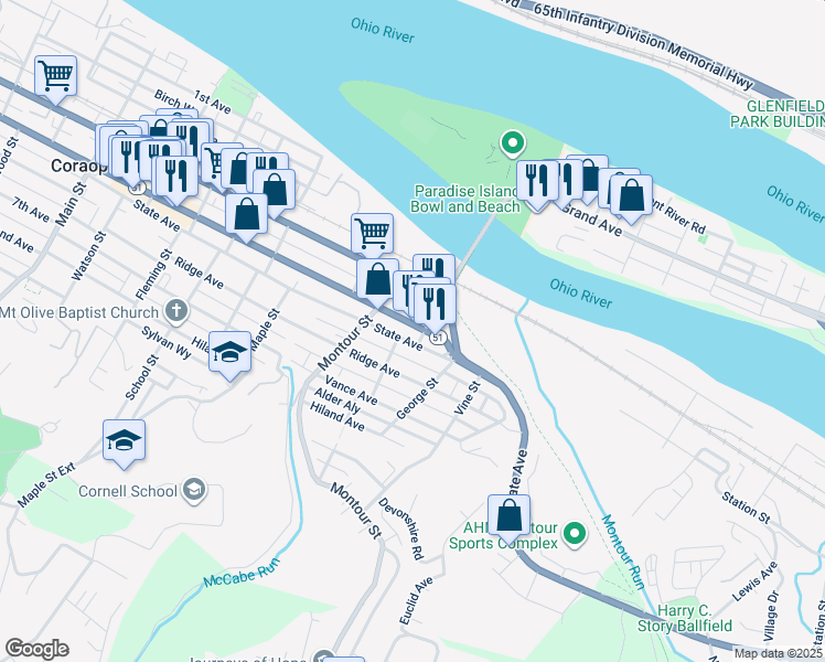 map of restaurants, bars, coffee shops, grocery stores, and more near 1534 5th Avenue in Coraopolis