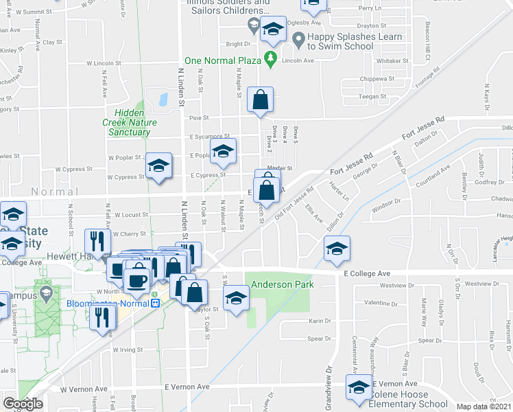 map of restaurants, bars, coffee shops, grocery stores, and more near 400 North Maple Street in Normal