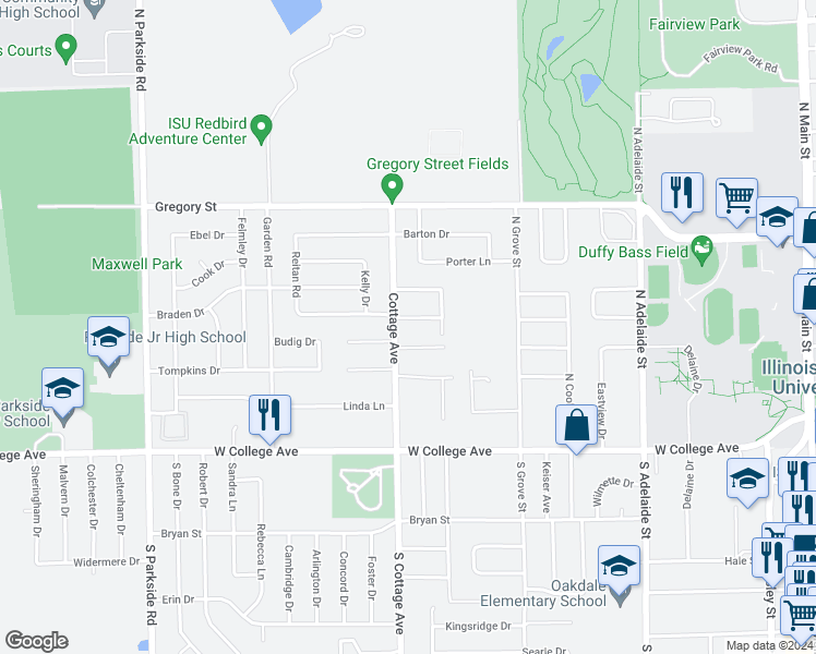 map of restaurants, bars, coffee shops, grocery stores, and more near 1600 Ashbrook Court in Normal