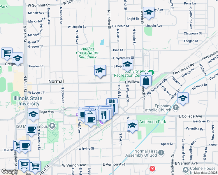 map of restaurants, bars, coffee shops, grocery stores, and more near 403 North Linden Street in Normal