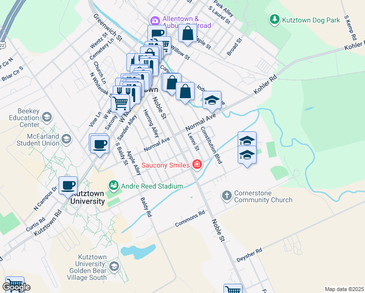 map of restaurants, bars, coffee shops, grocery stores, and more near 230 Noble Street in Kutztown