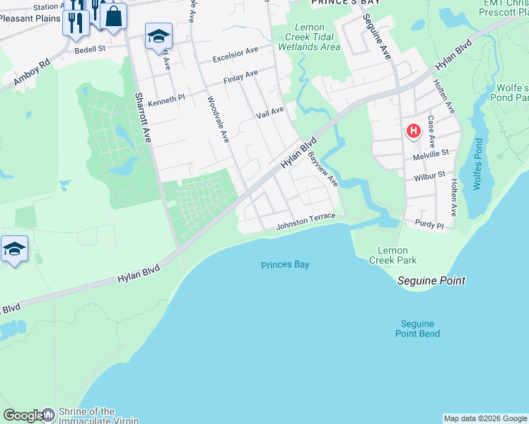 map of restaurants, bars, coffee shops, grocery stores, and more near 45 Bayside Lane in Staten Island