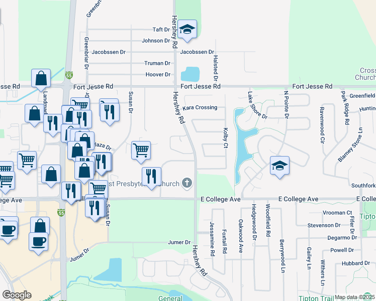 map of restaurants, bars, coffee shops, grocery stores, and more near 2020 Dream Drive in Normal