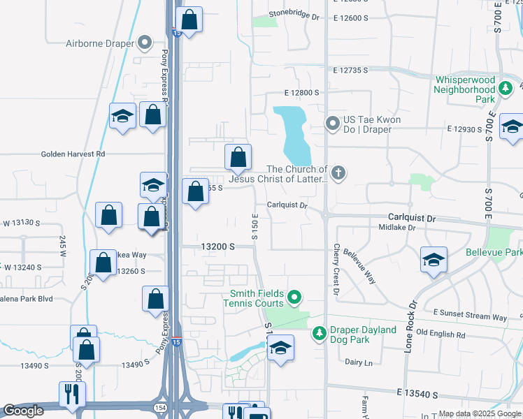 map of restaurants, bars, coffee shops, grocery stores, and more near 13128 South Day Meadow Drive in Draper