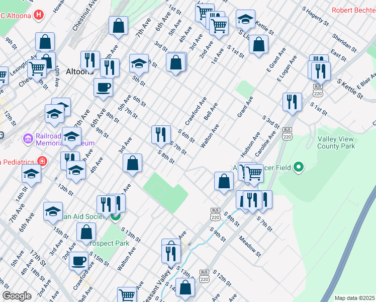 map of restaurants, bars, coffee shops, grocery stores, and more near 619 Bell Ave in Altoona