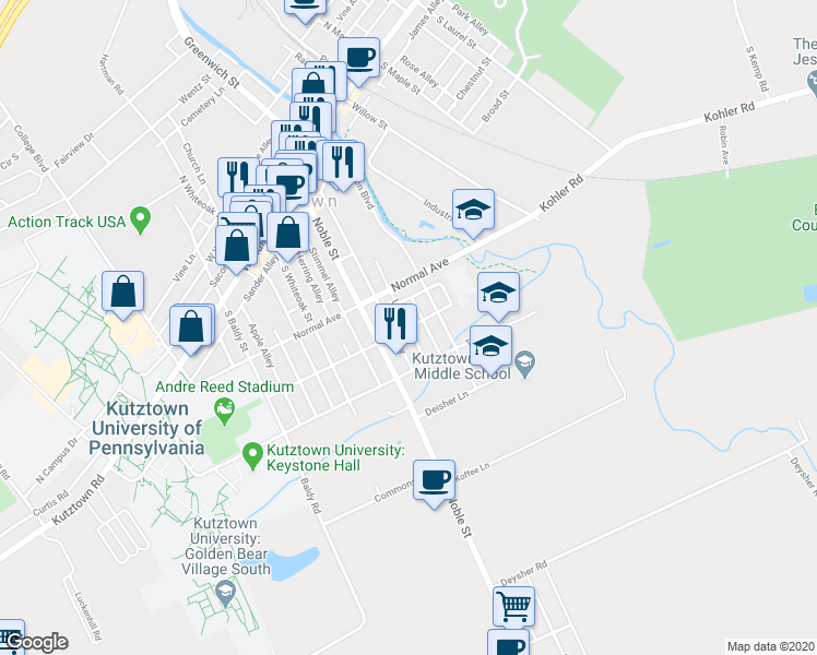 map of restaurants, bars, coffee shops, grocery stores, and more near Lenni Street in Kutztown