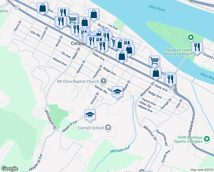 map of restaurants, bars, coffee shops, grocery stores, and more near 1213 Hiland Avenue in Coraopolis