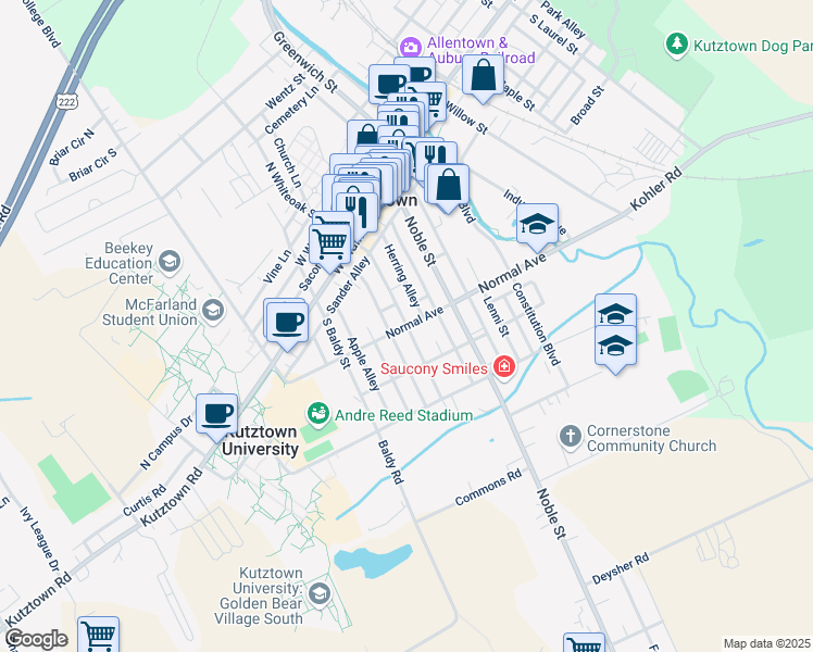 map of restaurants, bars, coffee shops, grocery stores, and more near in Kutztown