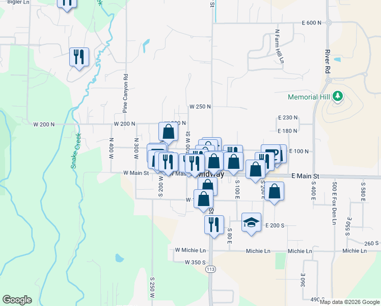 map of restaurants, bars, coffee shops, grocery stores, and more near 96 North 100 East in Midway