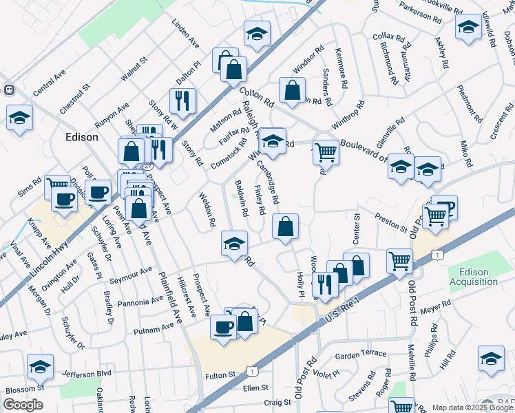 map of restaurants, bars, coffee shops, grocery stores, and more near 24 Finley Road in Edison
