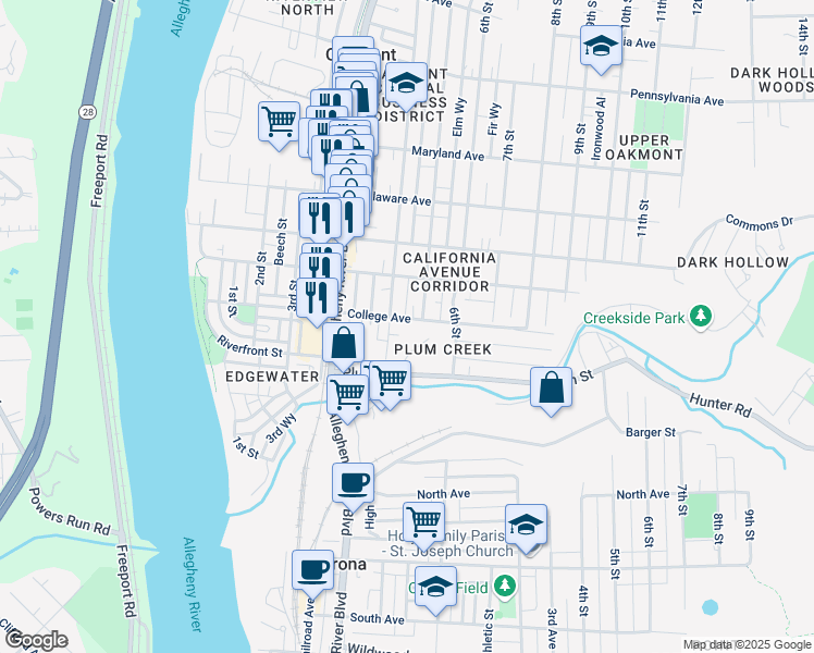 map of restaurants, bars, coffee shops, grocery stores, and more near 414 College Avenue in Oakmont