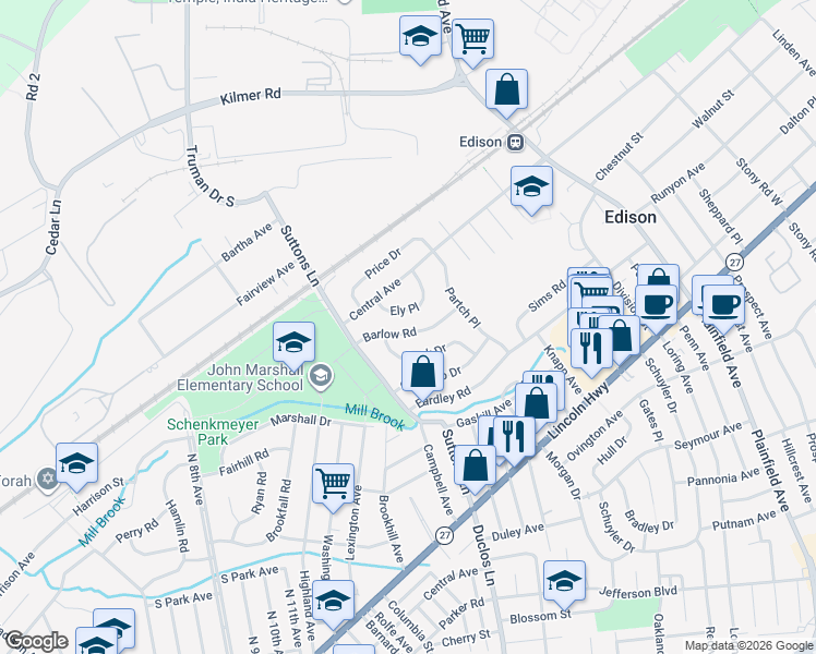 map of restaurants, bars, coffee shops, grocery stores, and more near 17 Barlow Road West in Edison