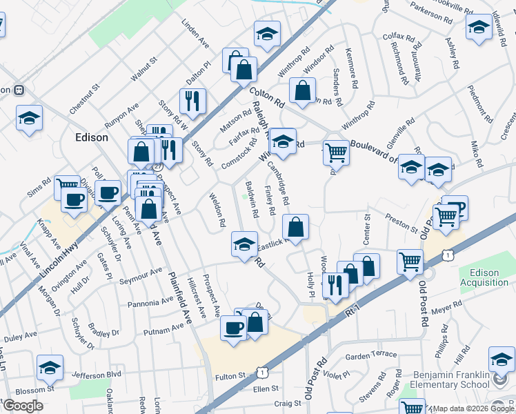 map of restaurants, bars, coffee shops, grocery stores, and more near 24 Finley Road in Edison