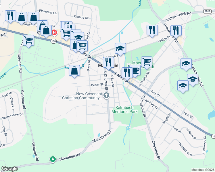 map of restaurants, bars, coffee shops, grocery stores, and more near 69 South Church Street in Macungie