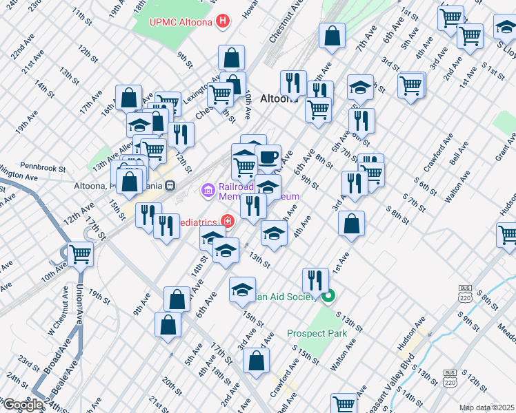 map of restaurants, bars, coffee shops, grocery stores, and more near 1101-11 7th Avenue in Altoona