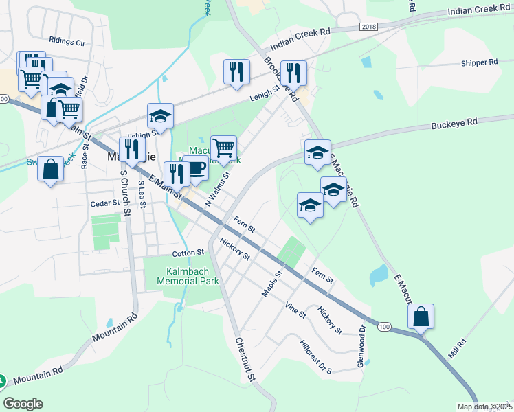 map of restaurants, bars, coffee shops, grocery stores, and more near 38 North Sycamore Street in Macungie