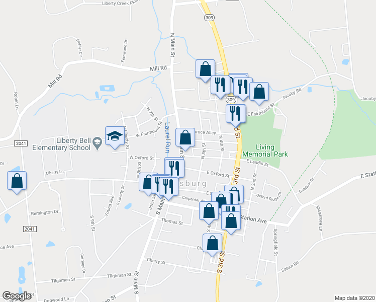 map of restaurants, bars, coffee shops, grocery stores, and more near 209 North Main Street in Coopersburg