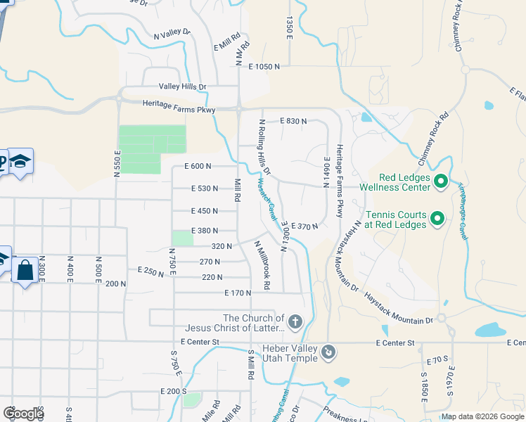 map of restaurants, bars, coffee shops, grocery stores, and more near 354 North Waterside Court in Heber City