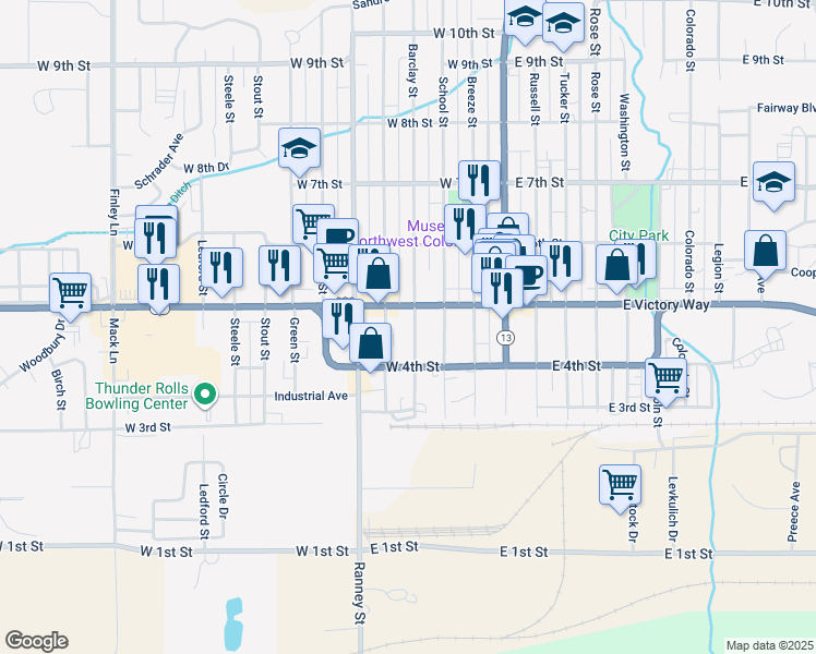 map of restaurants, bars, coffee shops, grocery stores, and more near 452 Barclay Street in Craig