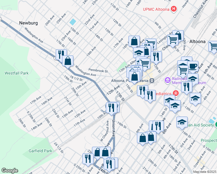 map of restaurants, bars, coffee shops, grocery stores, and more near 1212 17th Street in Altoona