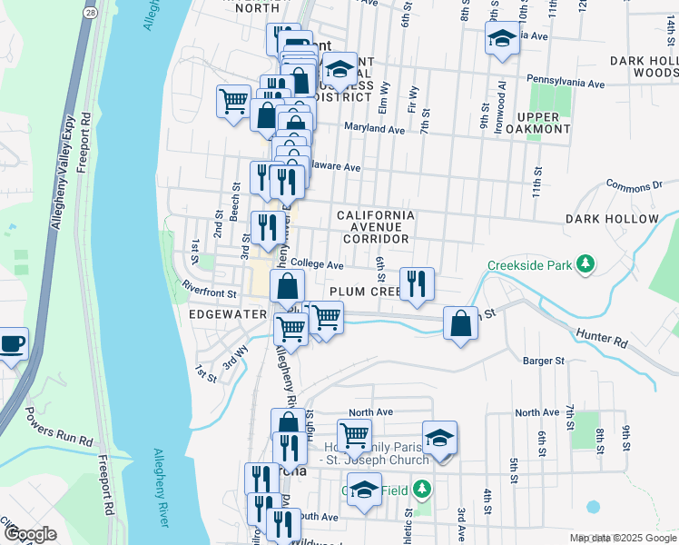 map of restaurants, bars, coffee shops, grocery stores, and more near 414 College Avenue in Oakmont