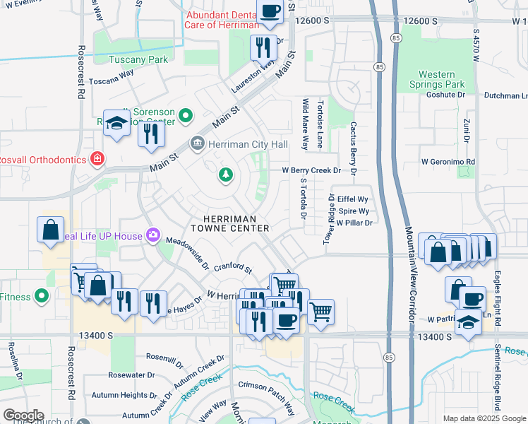map of restaurants, bars, coffee shops, grocery stores, and more near 13142 Bilston Lane in Herriman
