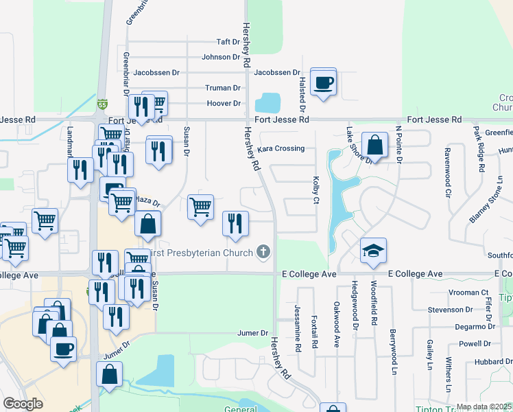map of restaurants, bars, coffee shops, grocery stores, and more near 2020 Dream Drive in Normal