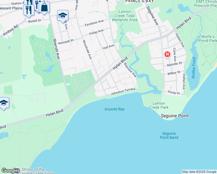 map of restaurants, bars, coffee shops, grocery stores, and more near 45 Bayside Lane in Staten Island