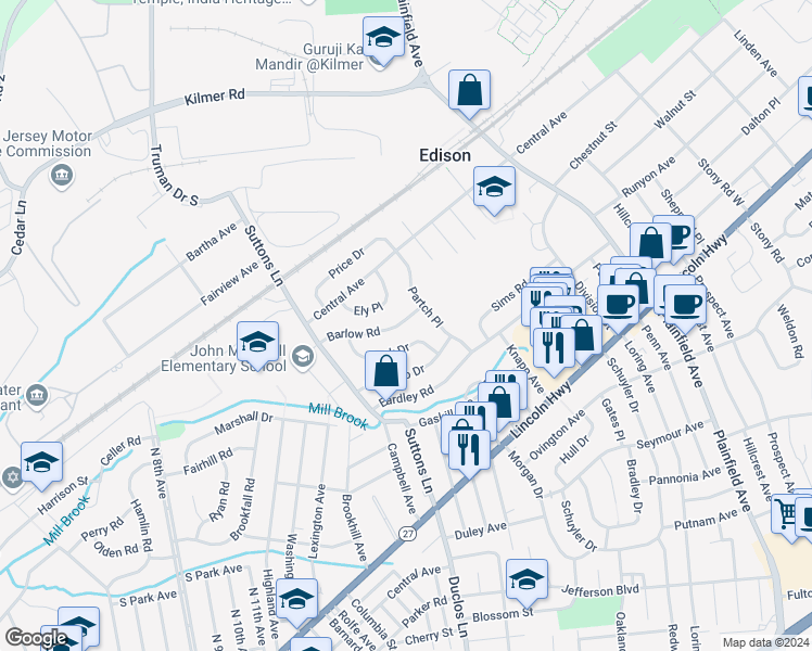 map of restaurants, bars, coffee shops, grocery stores, and more near 26 Barlow Road in Edison