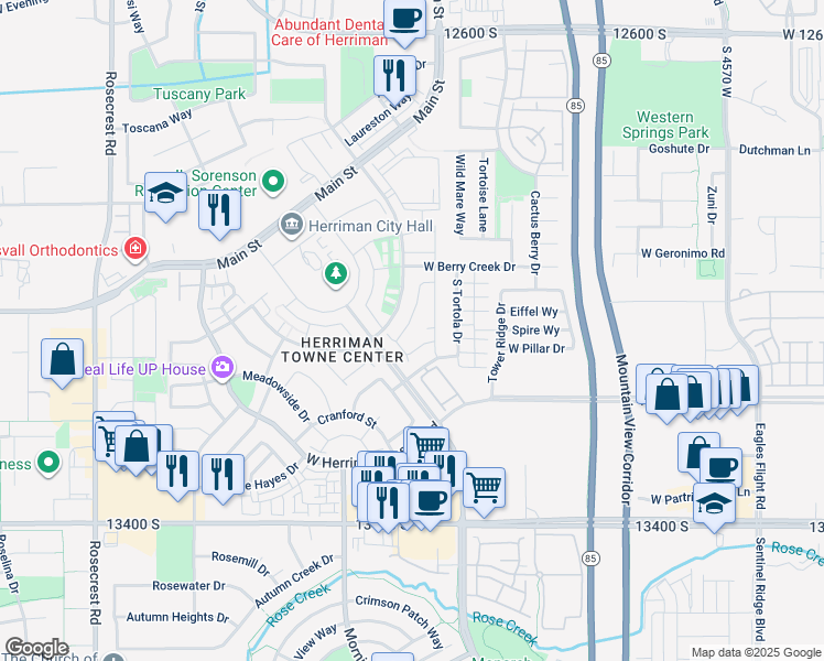 map of restaurants, bars, coffee shops, grocery stores, and more near 13123 Bilston Lane in Herriman