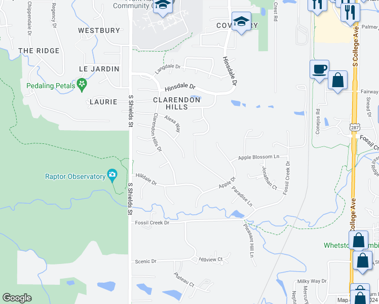 map of restaurants, bars, coffee shops, grocery stores, and more near 5223 Paradise Lane in Fort Collins