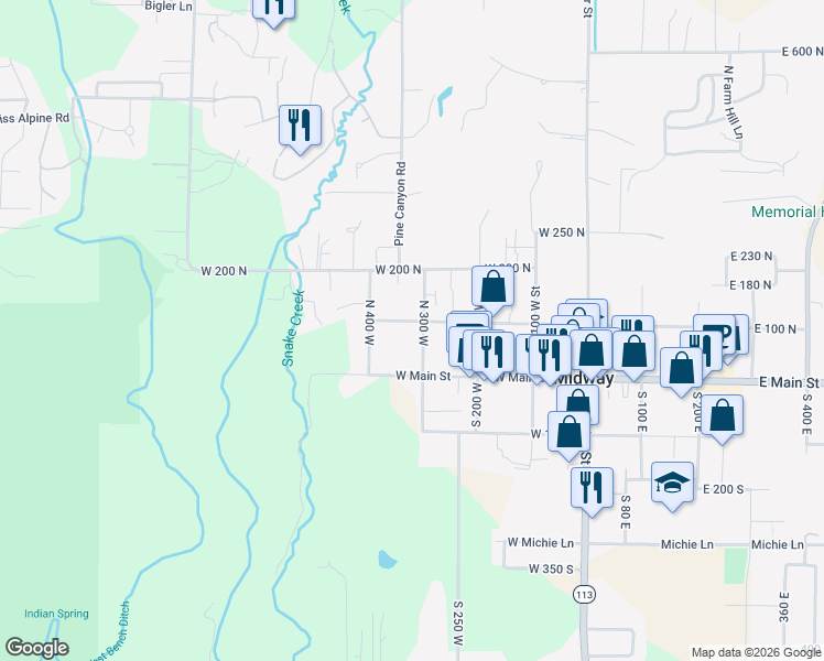 map of restaurants, bars, coffee shops, grocery stores, and more near 325 West 100 North in Midway