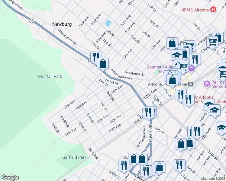 map of restaurants, bars, coffee shops, grocery stores, and more near 1916 15th Avenue in Altoona