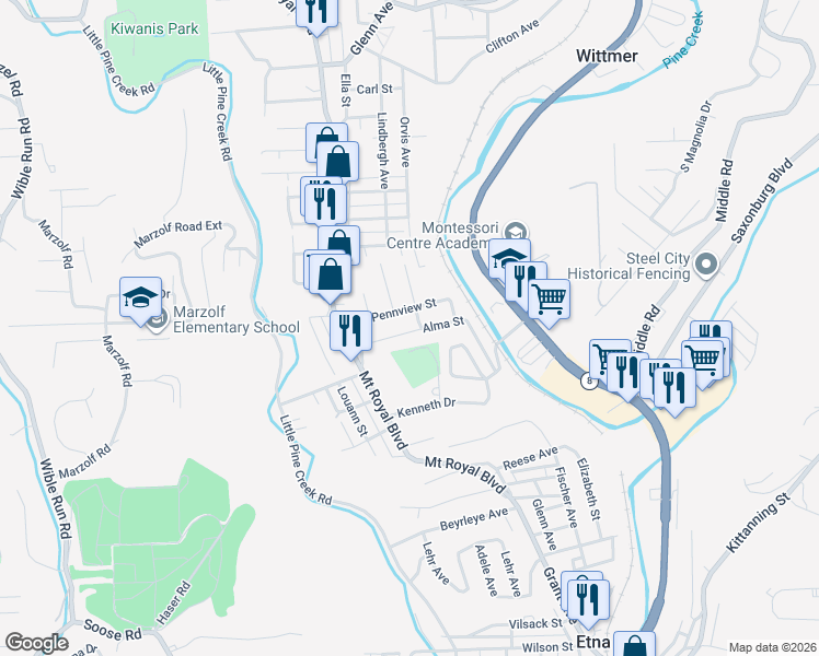 map of restaurants, bars, coffee shops, grocery stores, and more near 197 Alma Street in Pittsburgh