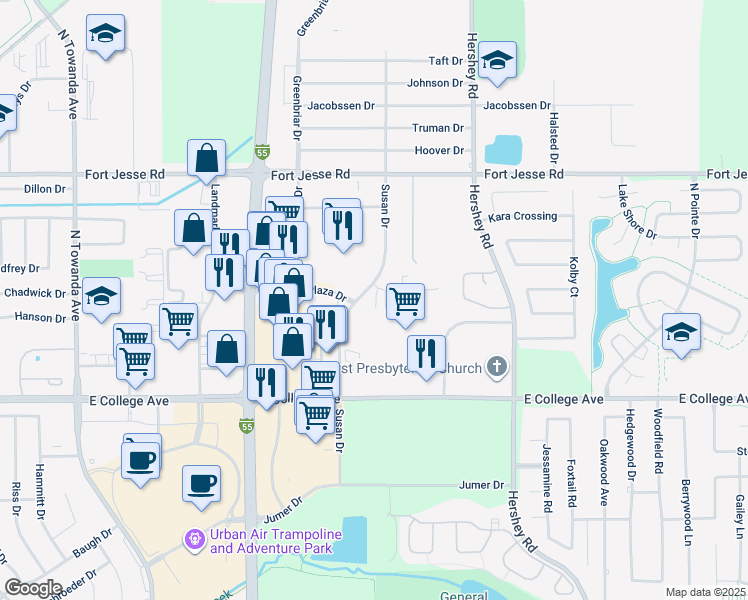 map of restaurants, bars, coffee shops, grocery stores, and more near 1801 Parkway Court in Normal
